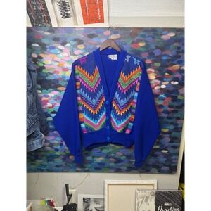 Vintage Royal Blue Geometric Chevron Knit Cardigan Sweater Guatemalan Aztec
